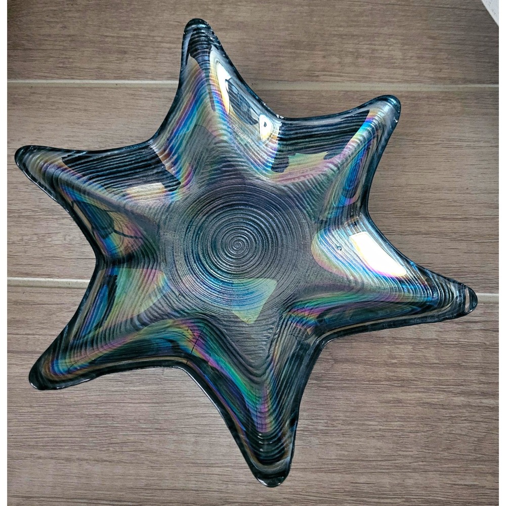 Iridescent Blue Art Glass Star Shaped Decorative Bowl Swirl Pattern 7"